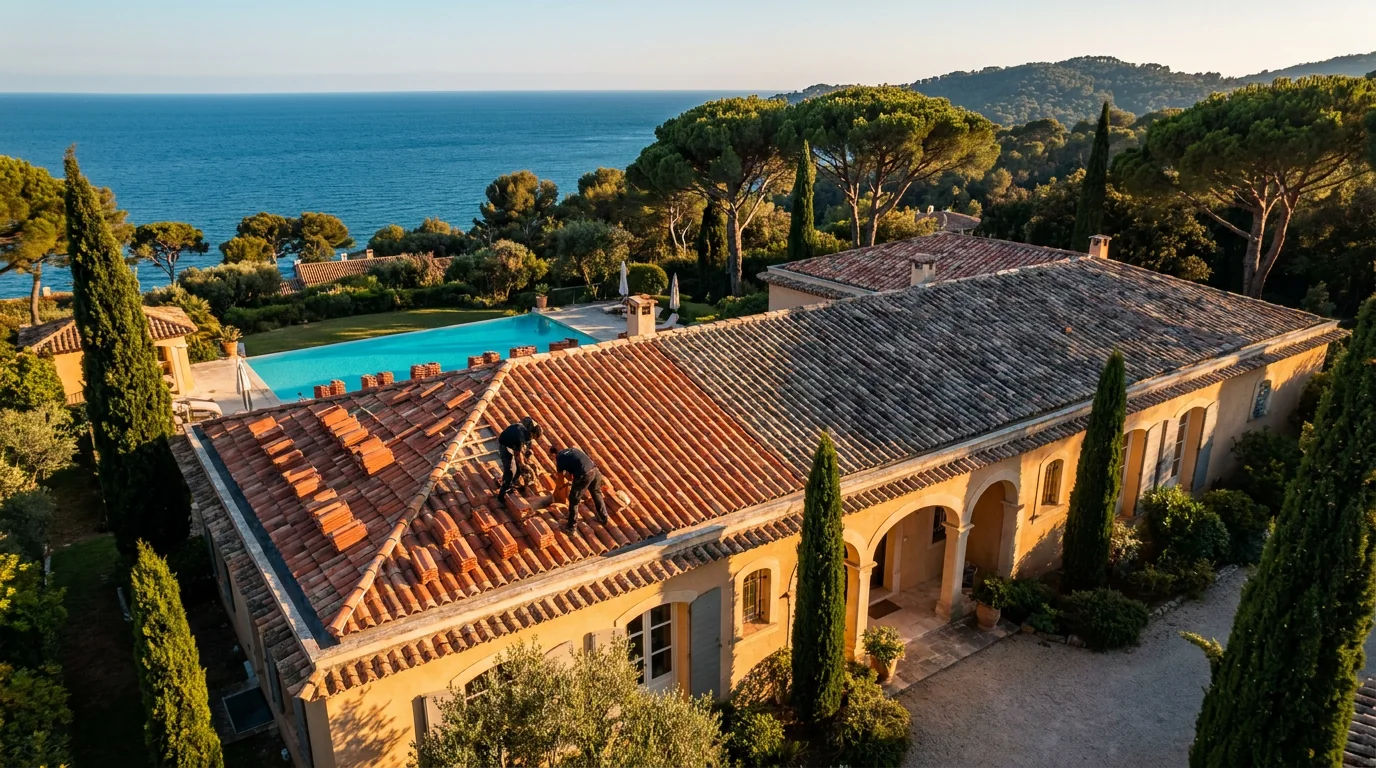 Vue aérienne d’une toiture en tuiles rouges rénovée avec vue sur la piscine