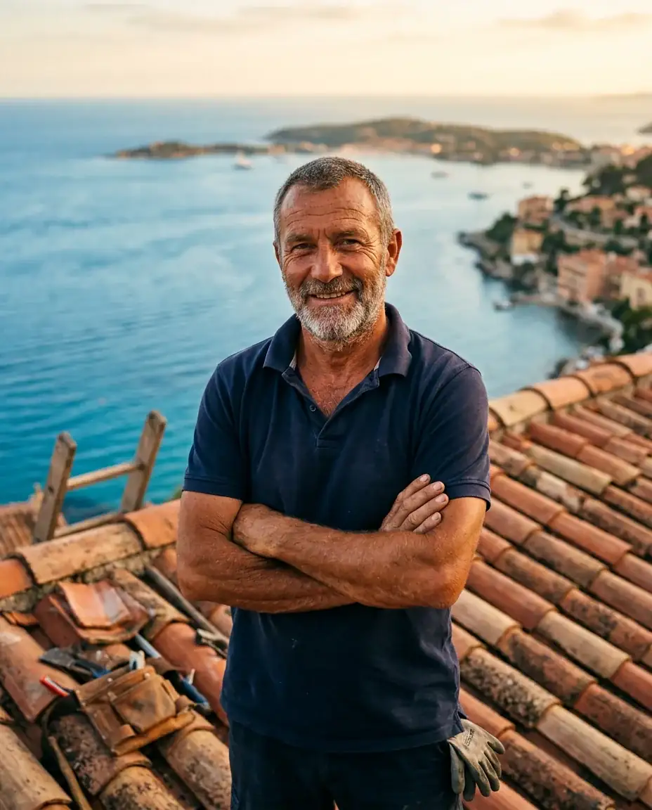 Portrait de l’artisan couvreur devant son véhicule d’intervention