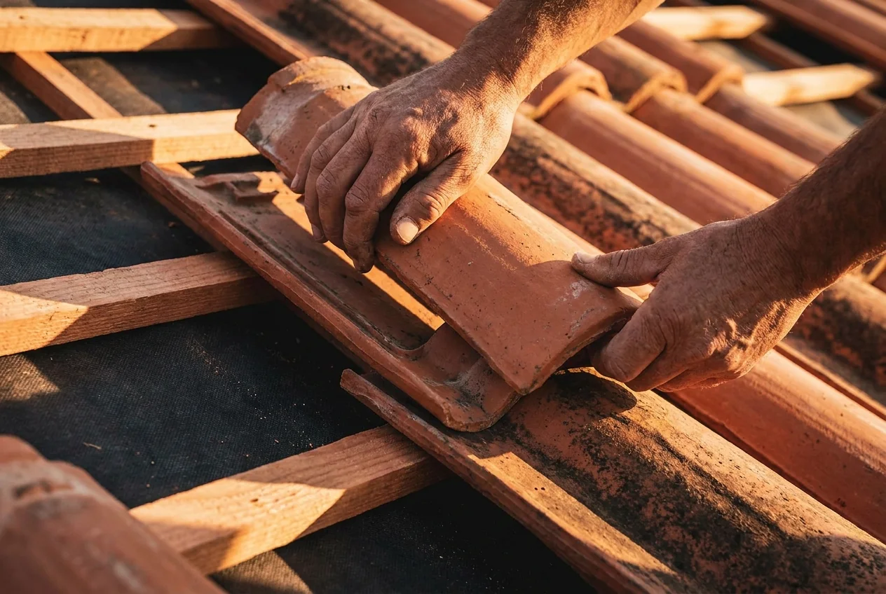 Pose de tuiles neuves sur une toiture méditerranéenne