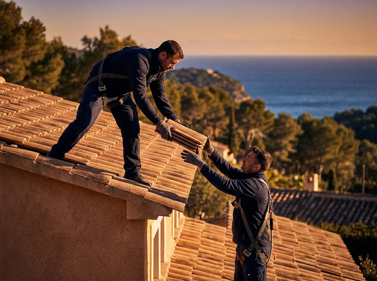 Équipe de couvreurs au travail sur un chantier de toiture