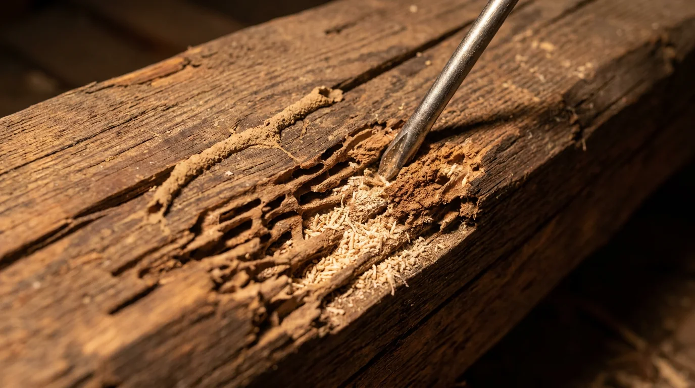 Poutre de charpente creusée de l’intérieur par les termites, surface intacte et galeries visibles
