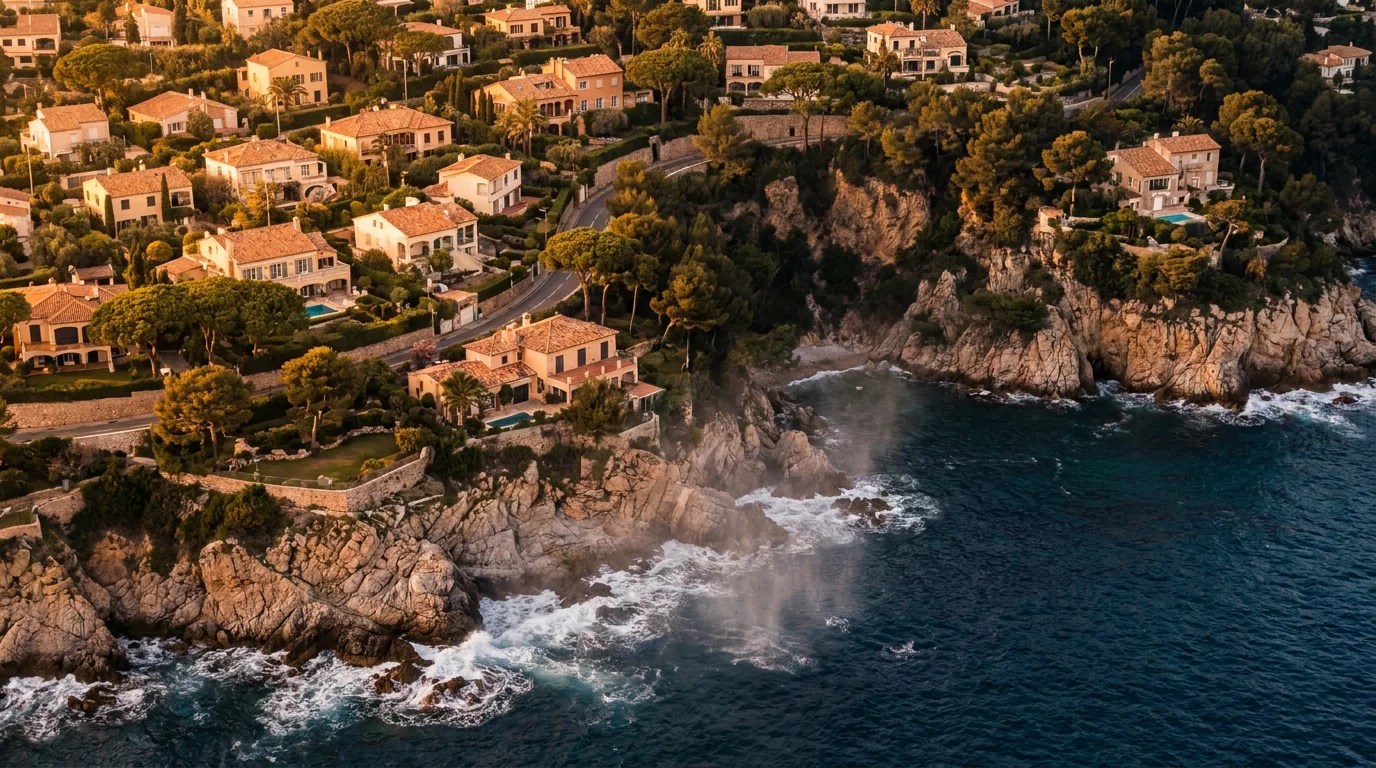 Villas du littoral varois aux toitures en tuile canal, exposées aux embruns — secteur de Antibes