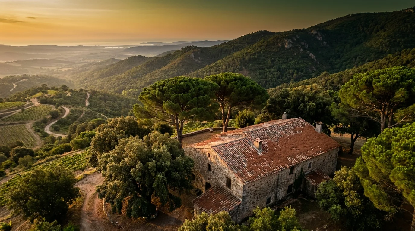 Villa sous les pins et les chênes-lièges des collines, toiture couverte d’aiguilles — secteur de Ramatuelle