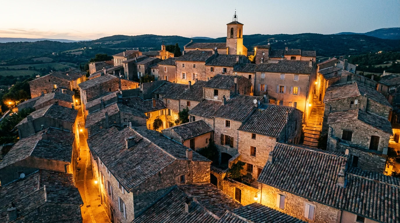 Toits de tuiles serrés d’un village perché provençal au crépuscule — secteur de Saint-Raphaël