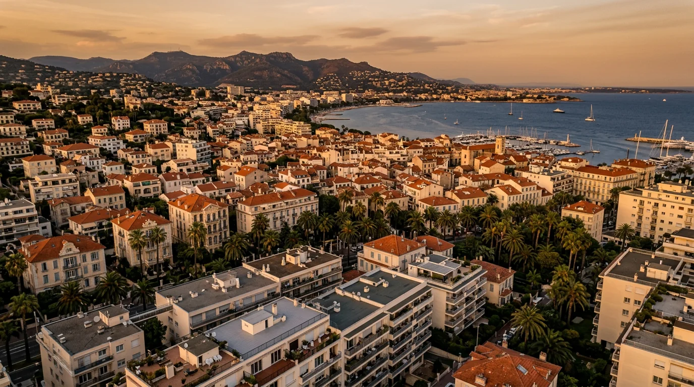 Toitures et toits-terrasses du bassin cannois vus depuis les hauteurs — secteur de Cannes