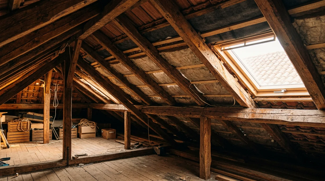 Combles sous toiture en tuiles : chevrons apparents, isolant entre les fermes et lame d’air visible sous l’écran